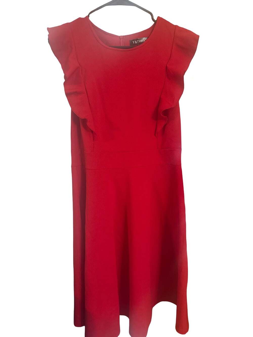 Yathon Women's Red Flutter Ruffle Sleeve A-Line Midi Dress